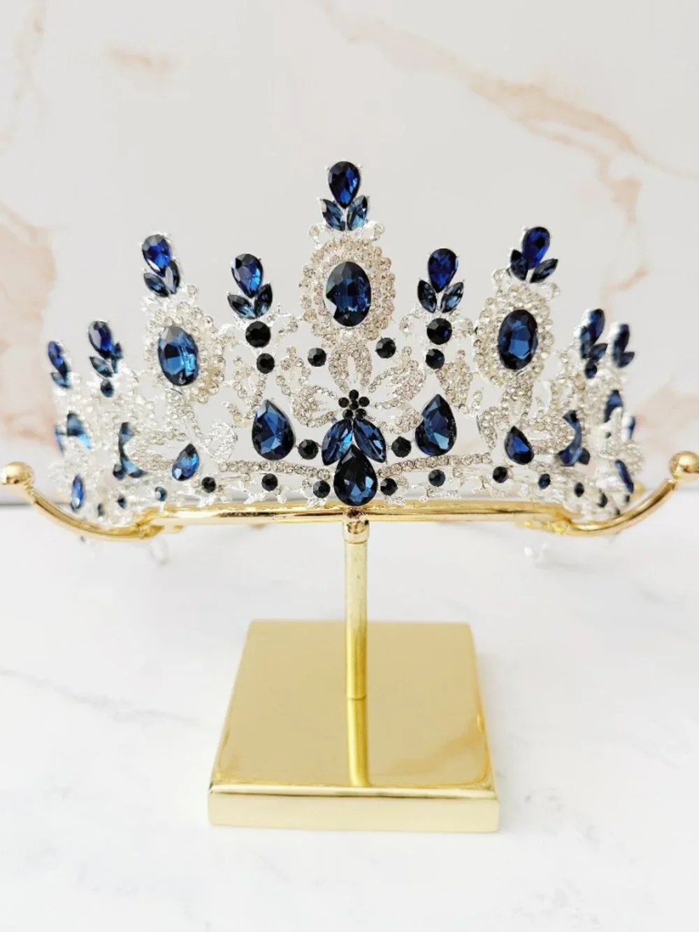 Silver Navy Blue Crystal Butterfly Tiara Crown Wedding Pageant Prom Quinceanera
